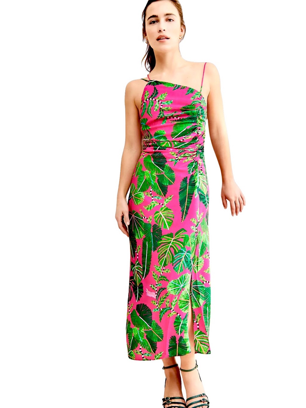 FARM Rio Hot Pink Tropical Leaf Ruched Spaghetti-Strap Maxi Dress